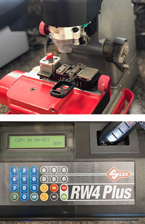 Making a replacement car key on a laser cutter (top), and programming a fob (bottom).