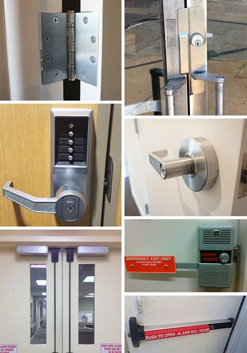 Here's a sample of some of the commercial door hardware we install and repair on a regular basis (clockwise from top left): commercial-grade door hinge, latch protector, ADA-compliant door handle with lock, alarmed exit device, alarmed crash bar, double doors with crash bars and magnetic closers, and a keypad lock.