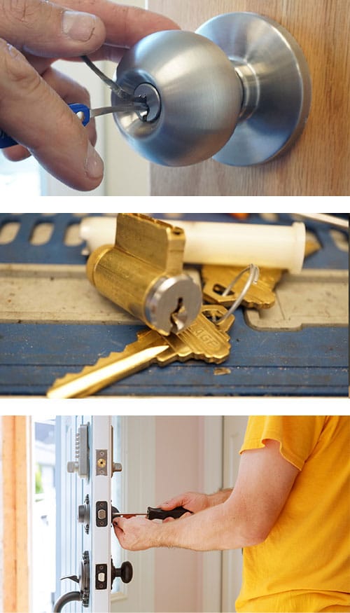 residential services: emergency lockout lockpick service (top), lock rekeying (middle), and door lock installation (bottom)